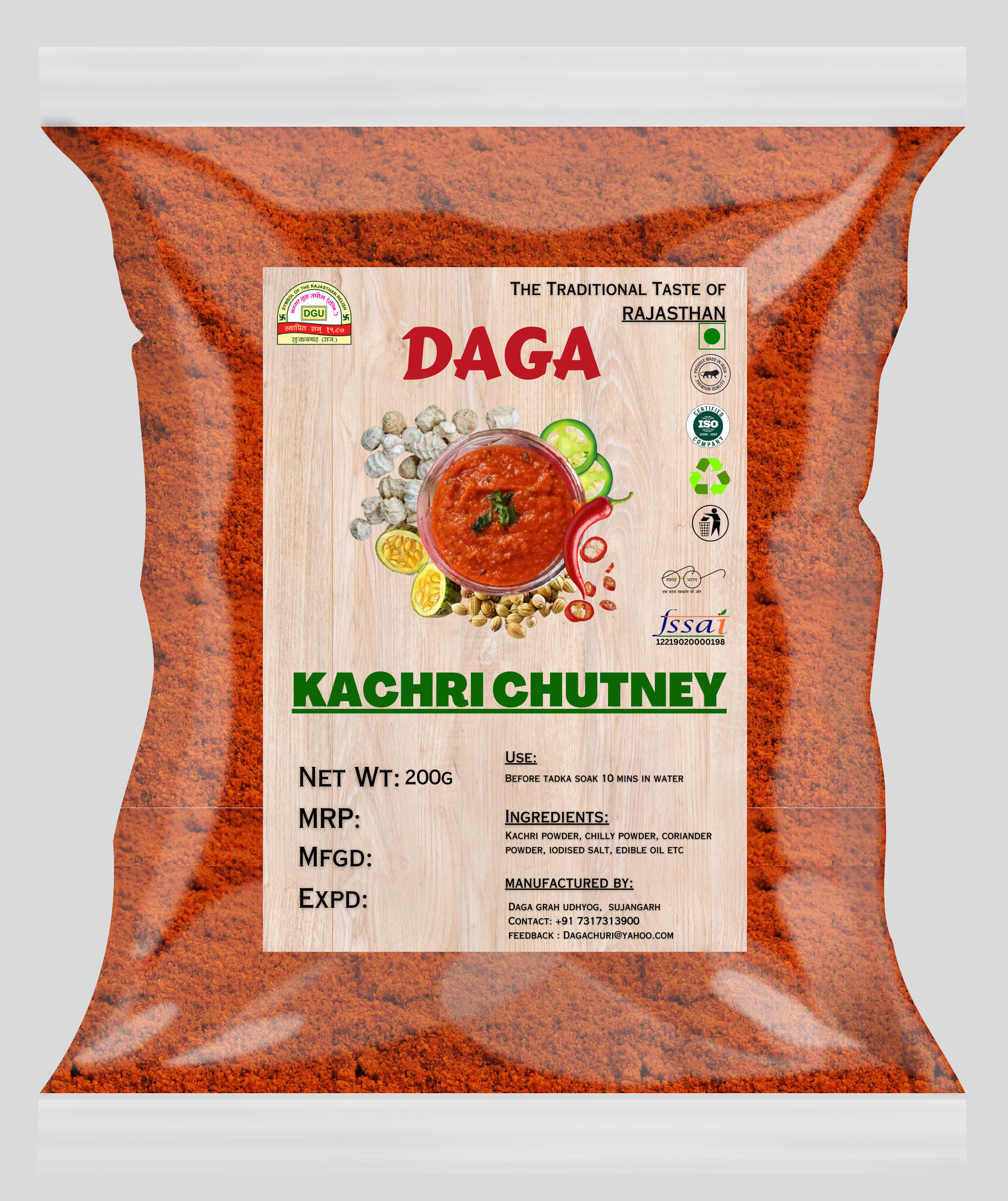 Bag of Daga Kachri Chutney with a visible label on a gray background